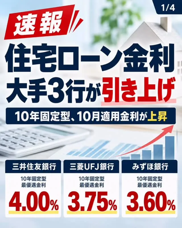 【住宅ローン金利、大手3行が引き上げ】