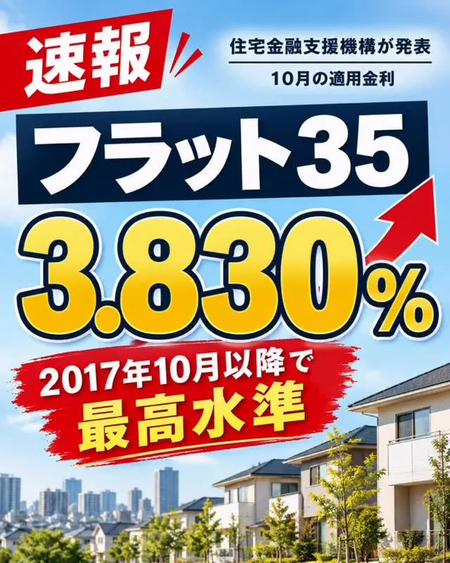 【フラット35】10月金利は年3.830％へ。